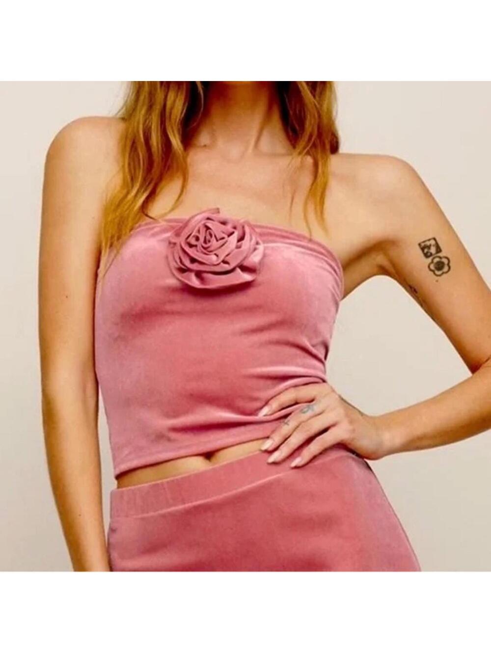 REFORMATION Two-Piece Skirt Top Set Medium "Adalynn" Knit Blush Pink Velvet New - Picture 3 of 9